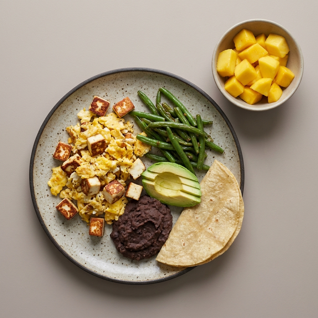Huevo revuelto con queso panela, ejotes y frijol con bowl de mango