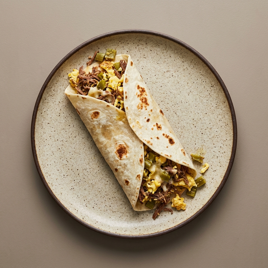 Burrito de machaca de res con huevo entero, queso oaxaca light y nopal, en tortilla de harina