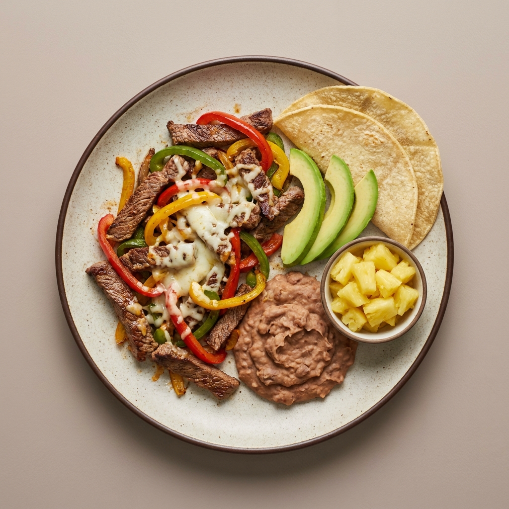 Alambre de arrachera con pimiento, queso mozzarella fundido, frijoles refritos y aguacate.