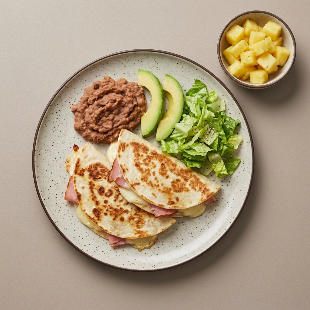 Sincronizadas de jamón y queso mozzarella, acompañado con lechuga y bowl de piña