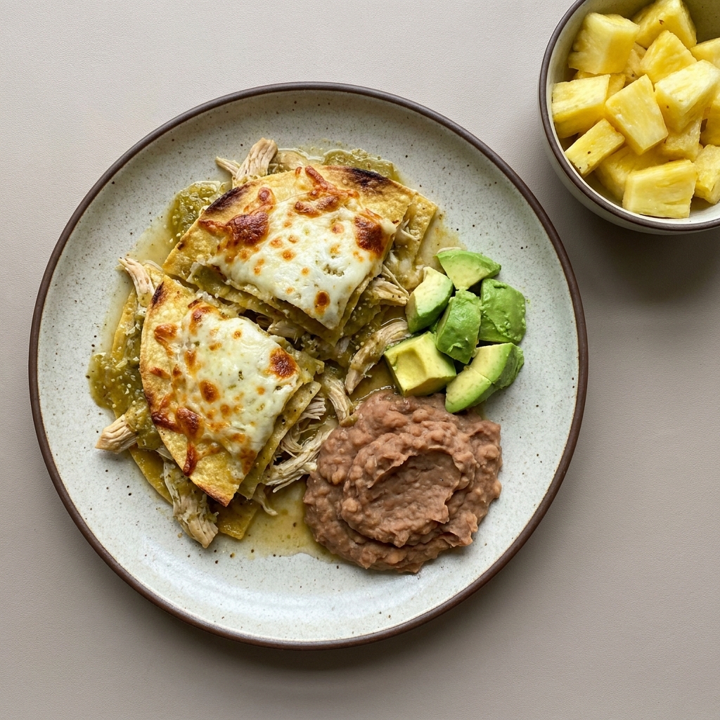 Budín azteca de pierna de pollo sin piel con queso mozzarella bajo, frijoles refritos y aguacate, con bowl de piña picada