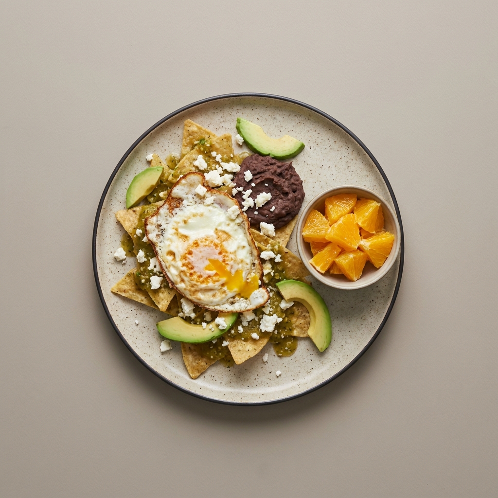 Chilaquiles verdes con huevo estrellado, queso fresco, frijoles refritos y aguacate, con bowl de naranja