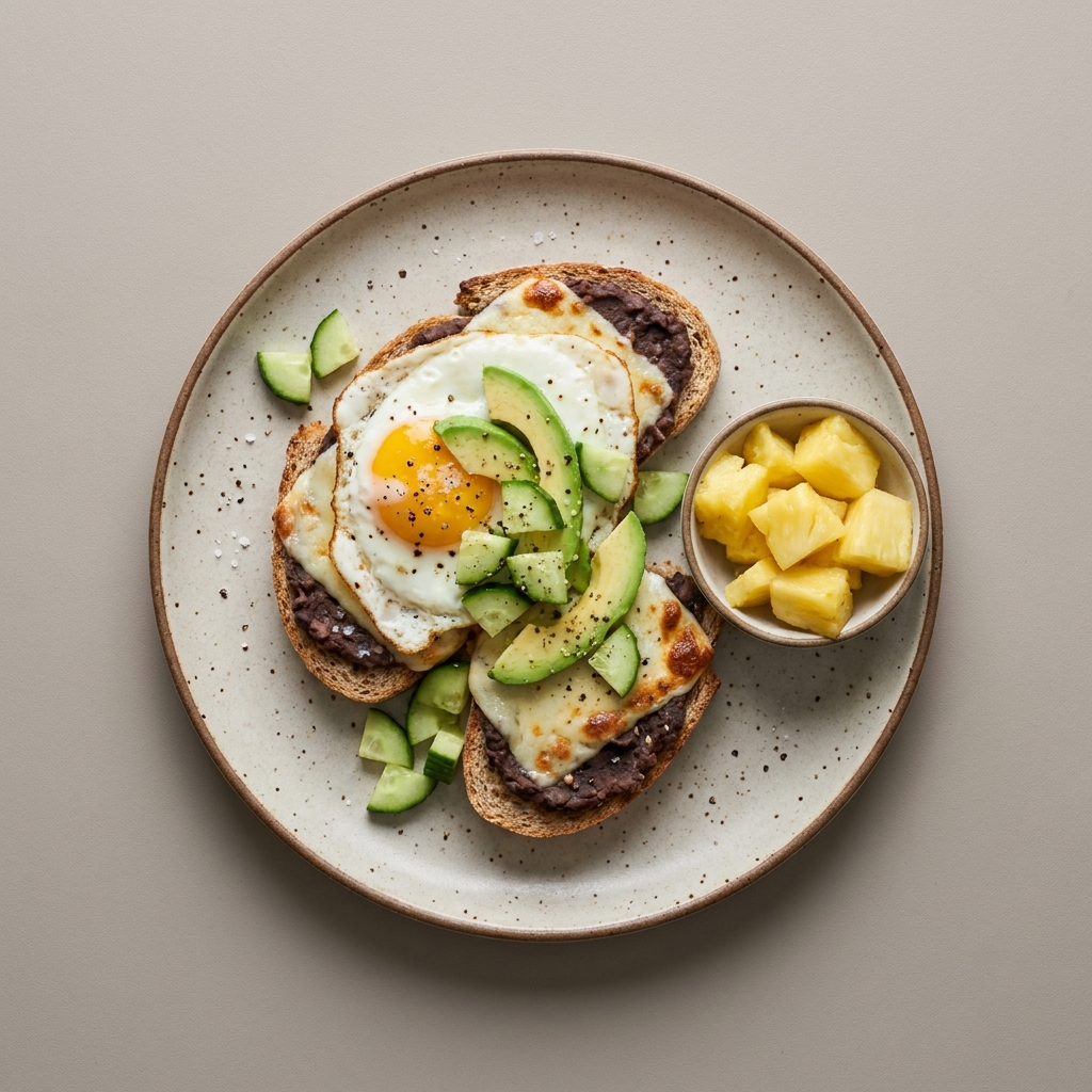 Molletes de frijoles refritos y queso oaxaca con huevo, acompañado de bowl de piña
