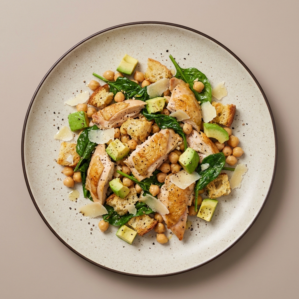Ensalada templada de pollo con garbanzo y queso parmesano