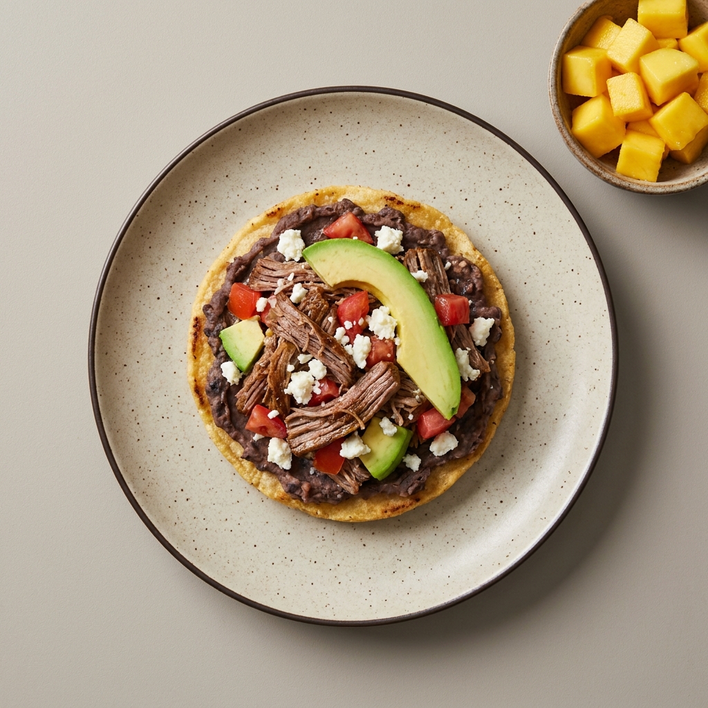 Sopes de carne res deshebrada con bowl de mango