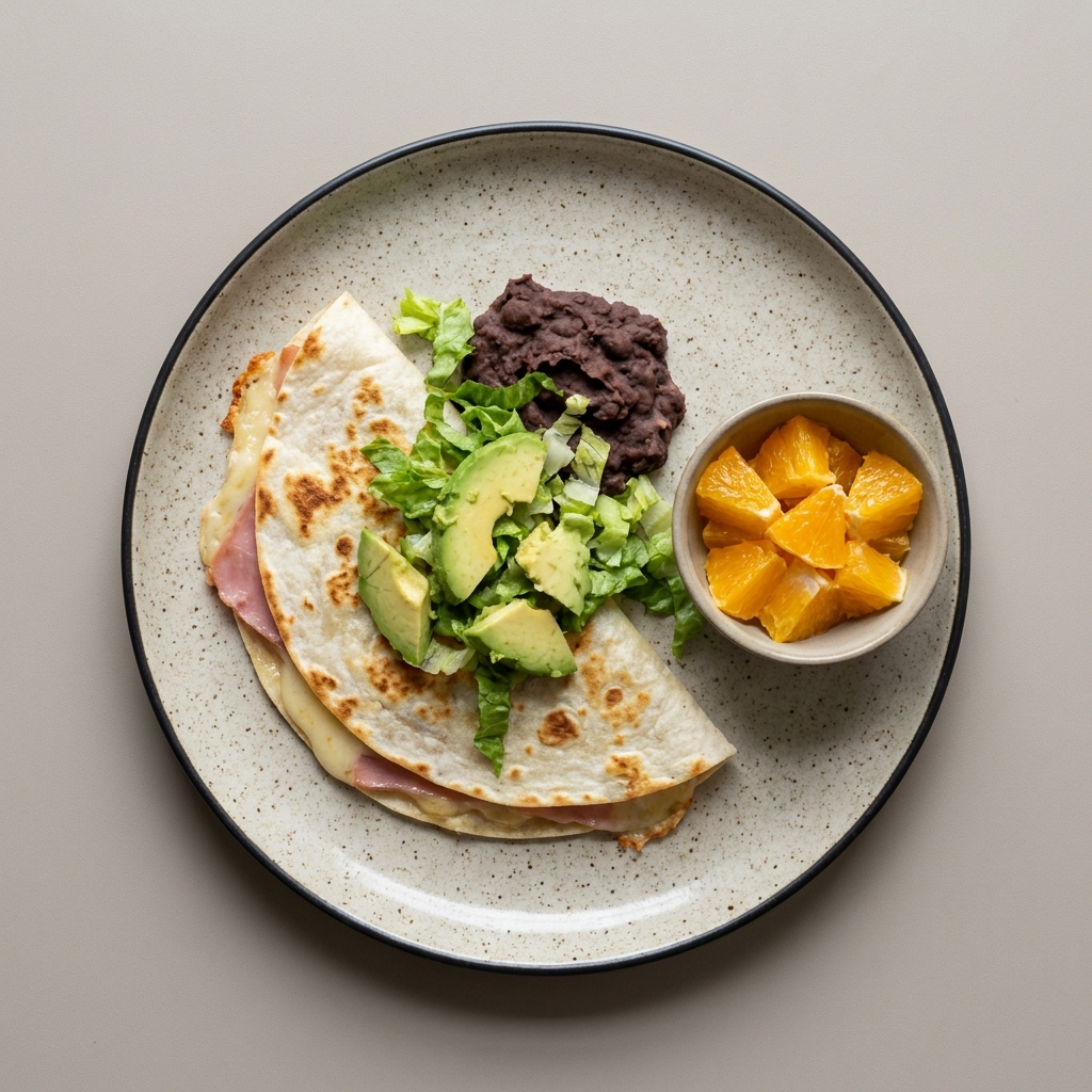 Sincronizadas de jamón con frijoles refritos y aguacate, con bowl de naranja