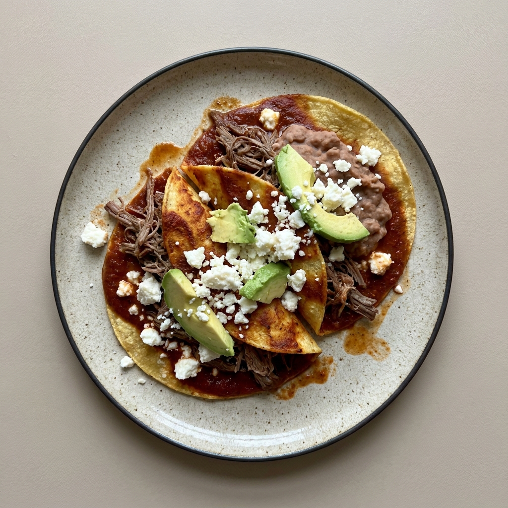 Enchiladas rojas de carne res deshebrada con queso fresco, frijoles y aguacate.