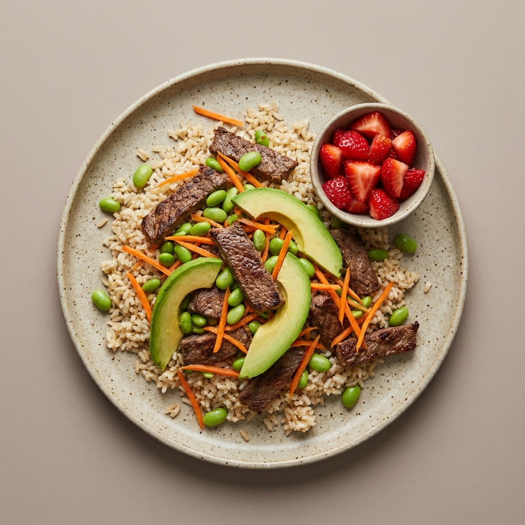 Tazón de arroz integral con res edamame, zanahoria y aguacate, con bowl de fresa