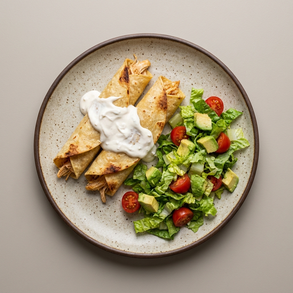Flautas horneadas de muslo de pollo sin piel con crema, con ensalada