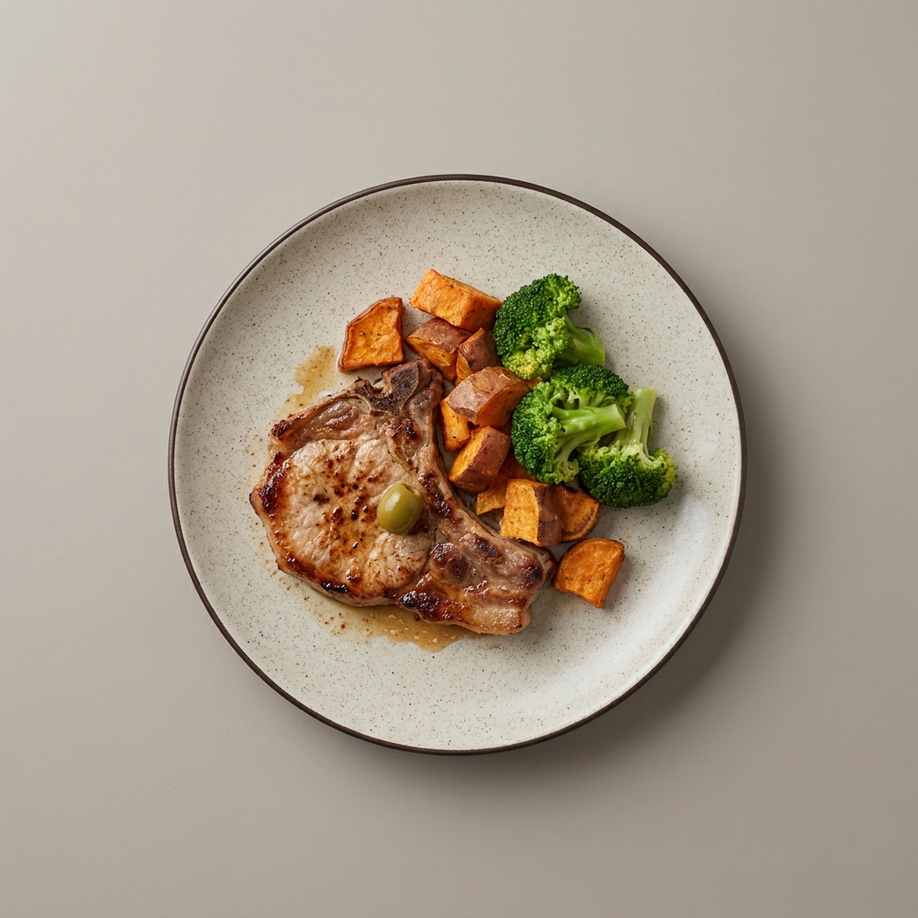 Chuleta de cerdo a la plancha con camote al horno y aceituna verde, con brócoli