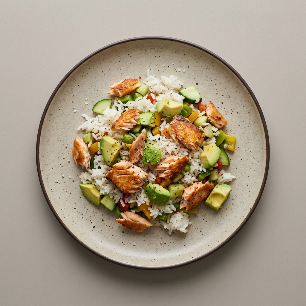 Bowl de arroz con salmón y aguacate