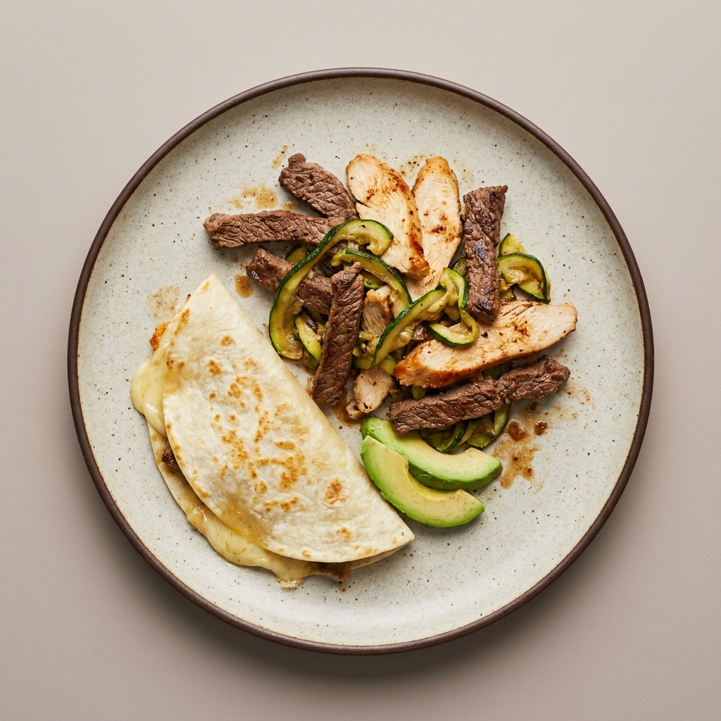 Fajitas de res sin grasa y pechuga de pavo horneada con calabacita, acompaña con quesadilla de harina
