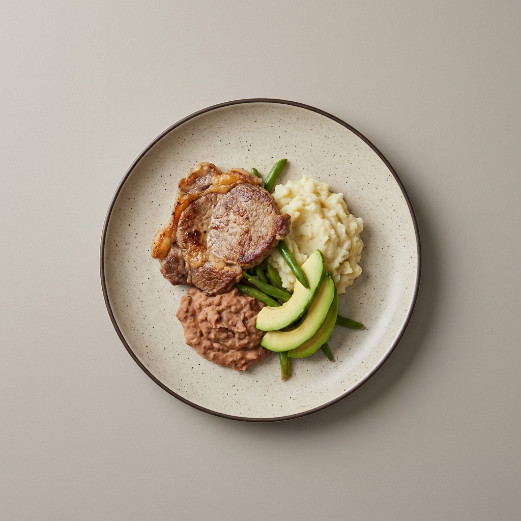 Bistec bola a la plancha con puré de papa, frijol y ejote