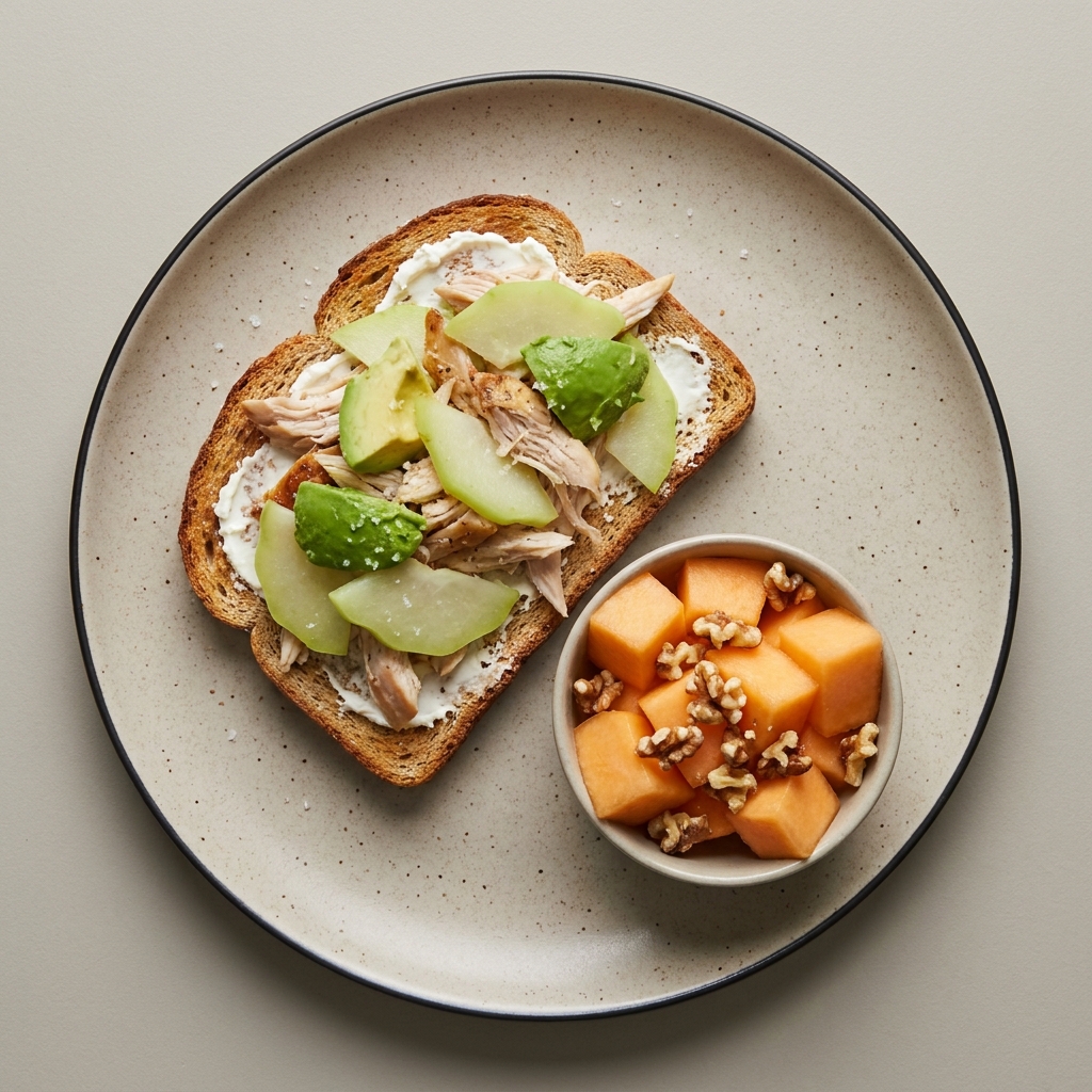Toast de queso crema con pollo deshebrado + bowl de melón con nuez