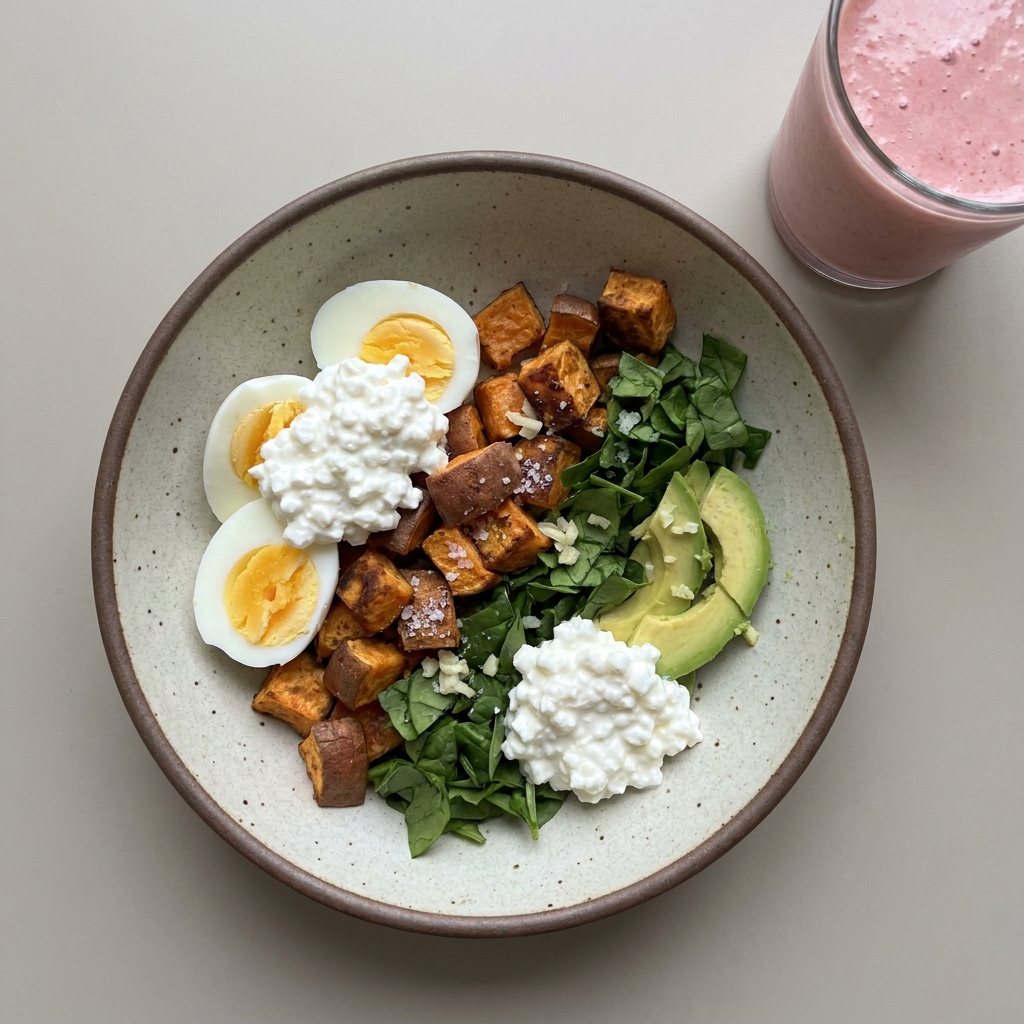 Bowl huevo cocido con queso cottage, camote y espinacas + frappe de fresa