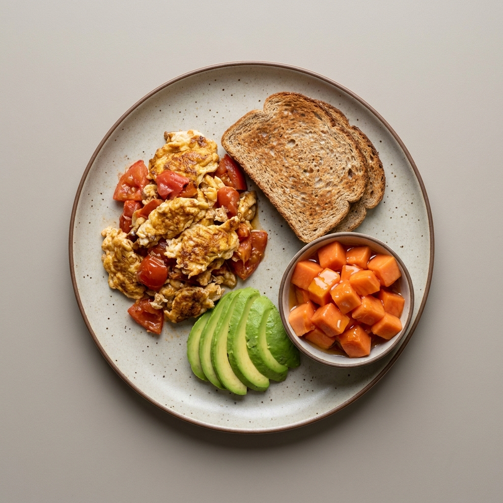Huevo revuelto con jitomate, y aguacate, con bowl de papaya con miel