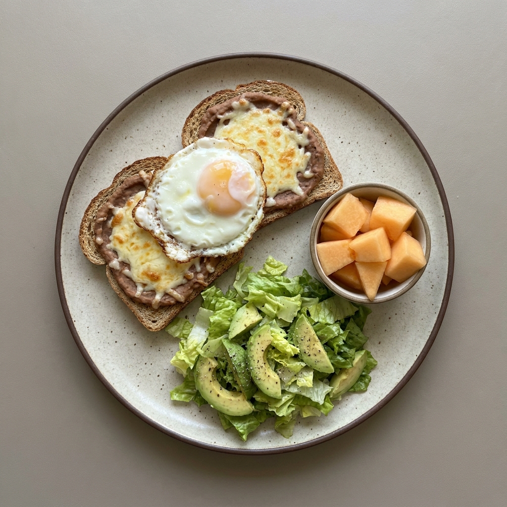 Molletes gratinado con huevo estrellado y ensalada, con bowl de melón