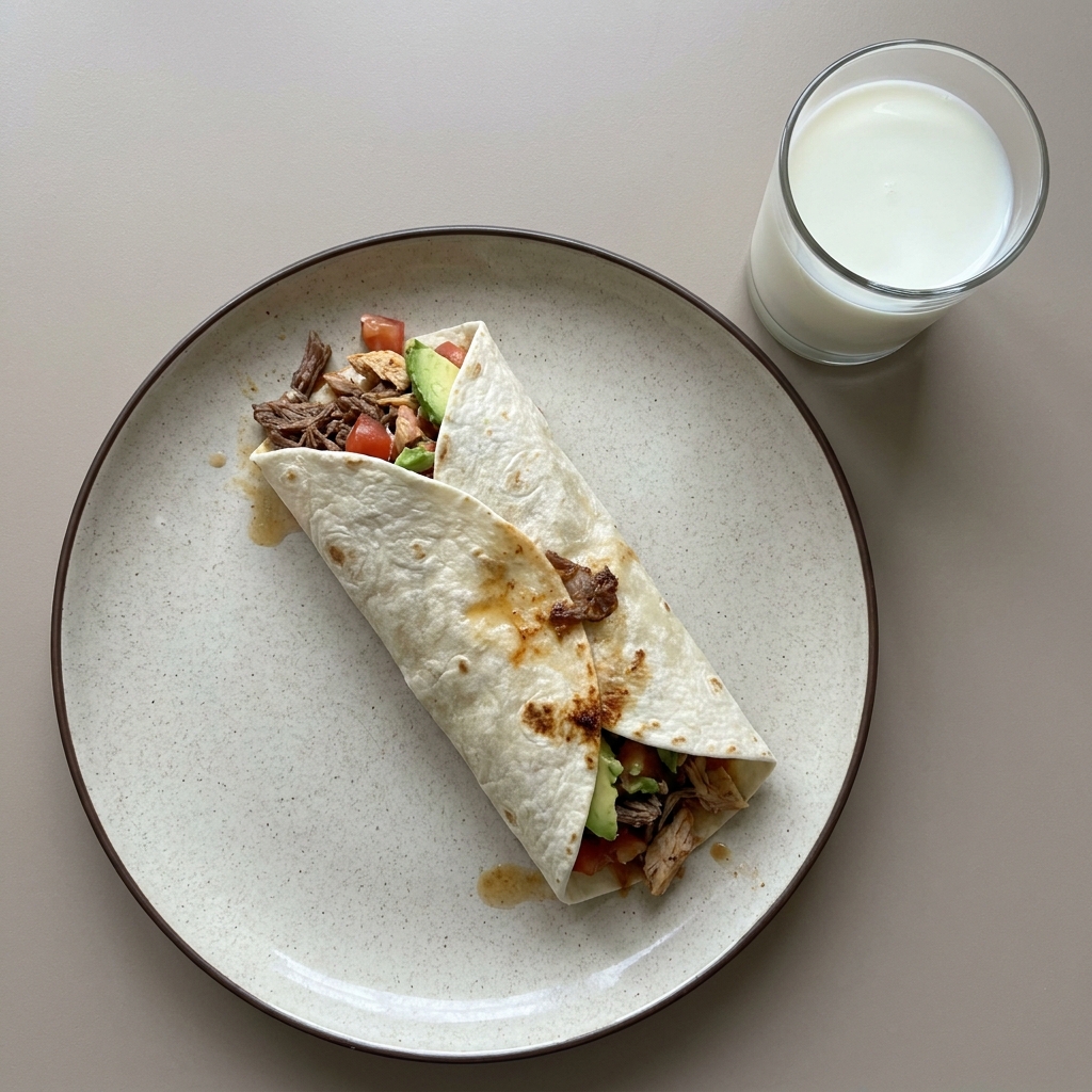 Burrito mixto con jitomate y aguacate, con vaso de leche