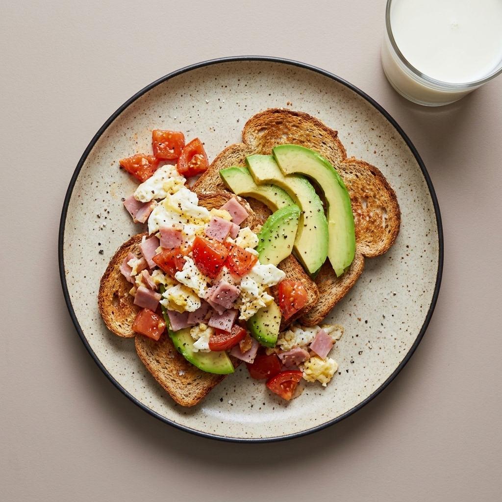 Pan integral tostado con clara de huevo, jitomate y aguacate