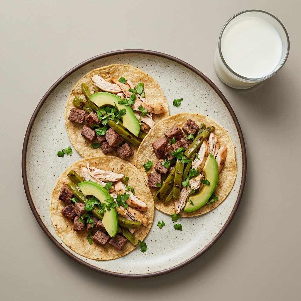 Tacos de res sin grasa y pechuga de pollo con nopal y aguacate, con vaso de leche descremada