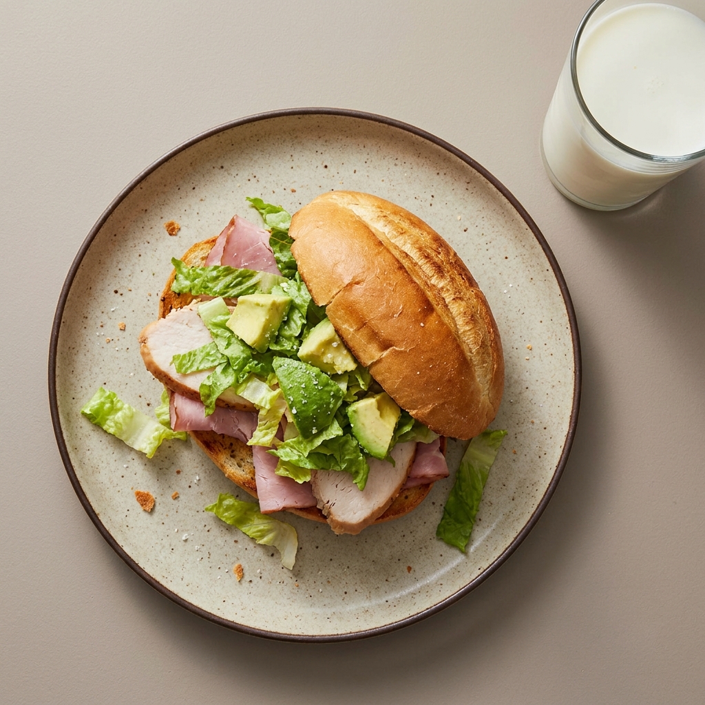 Torta de jamon bajo en grasa y pechuga de pavo horneada con lechuga y aguacate, con vaso de leche descremada