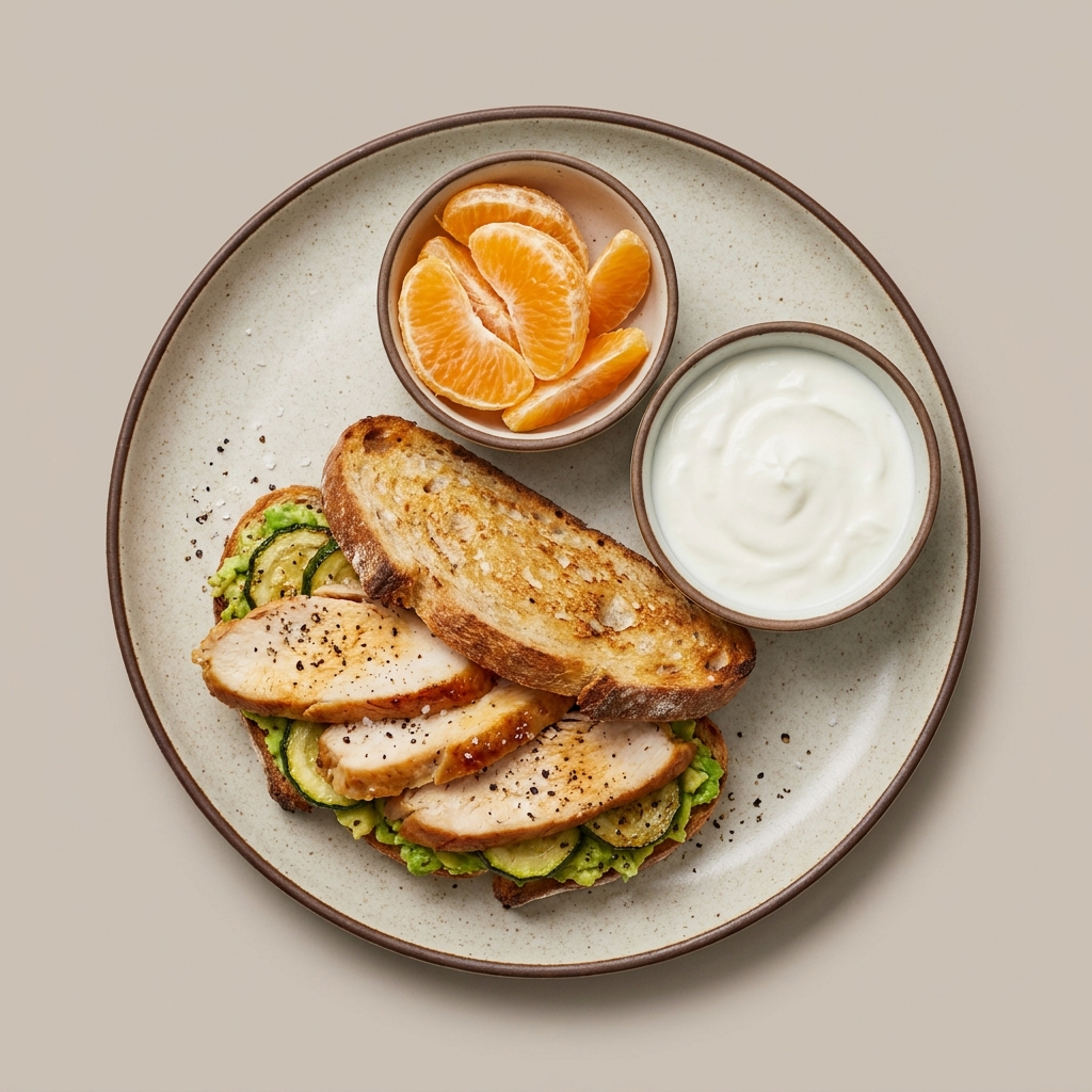 Sandwich de pechuga de pavo horneada con calabacita y aguacate en pan de masa madre, con bowl de naranja y bowl de yogurt deslactosado