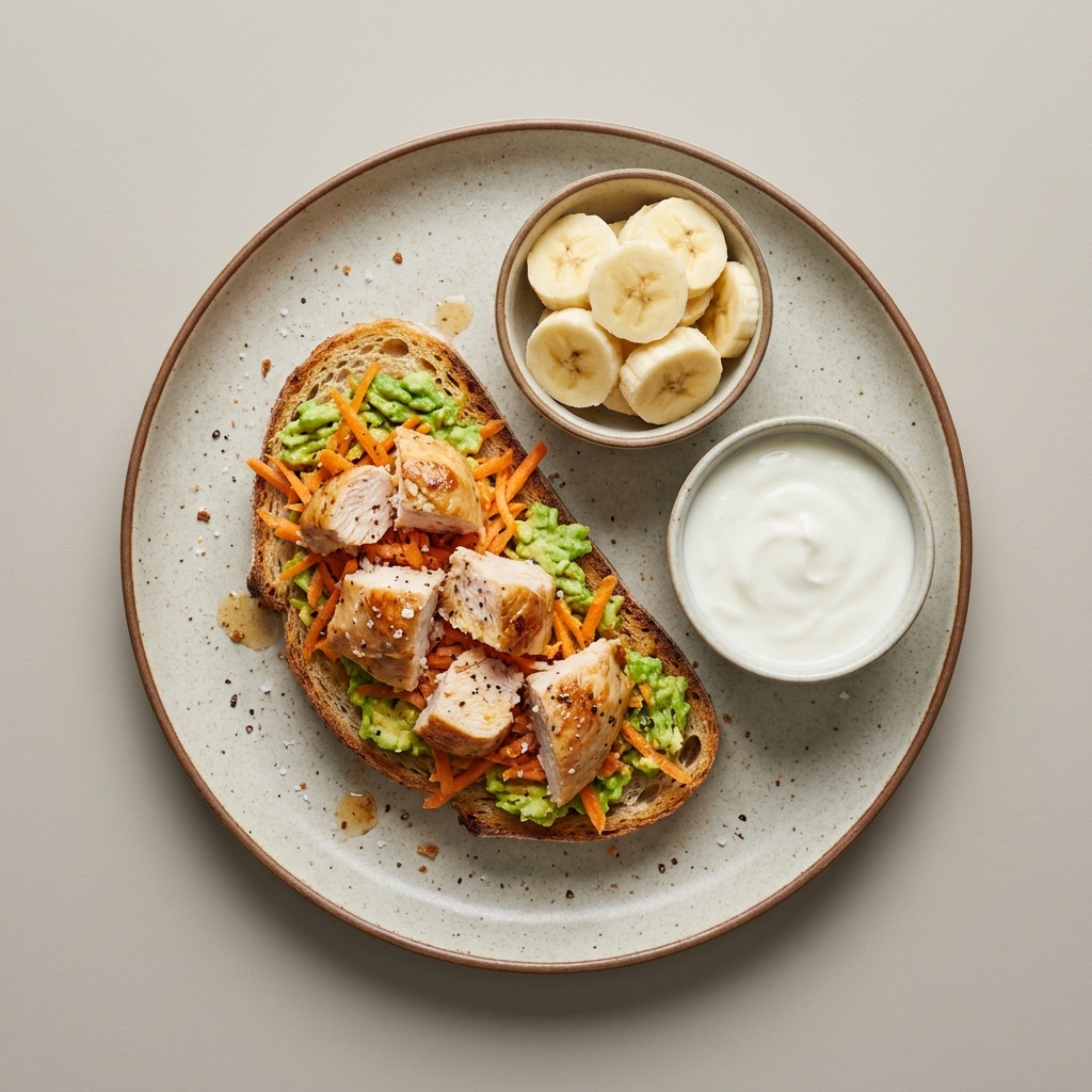 Toast de pechuga de pavo horneada con zanahoria y aguacate, con bowl de plátano y bowl de yogurt