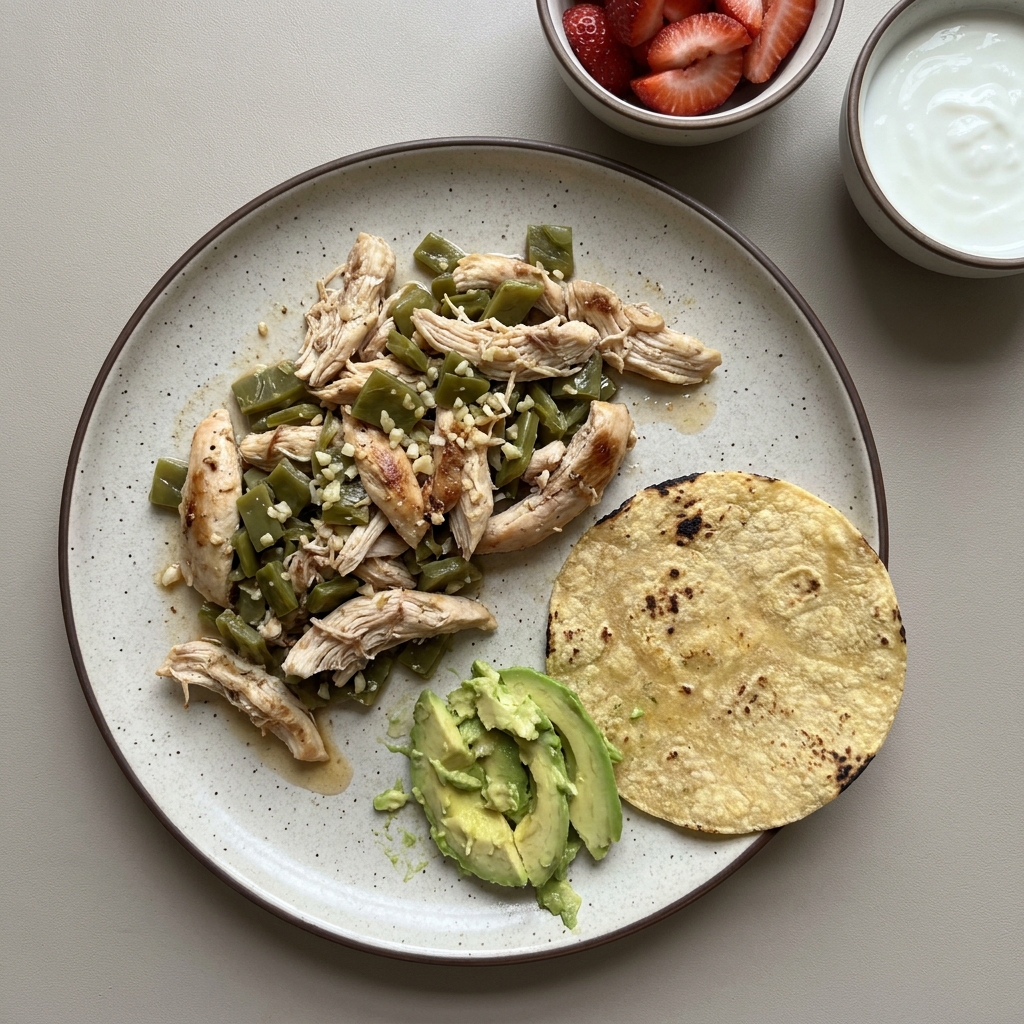 Pechuga de pollo deshebrada a la mexicana con nopal y aguacate, con tortilla de maíz, con bowl de fresa y bowl de yogurt deslactosado