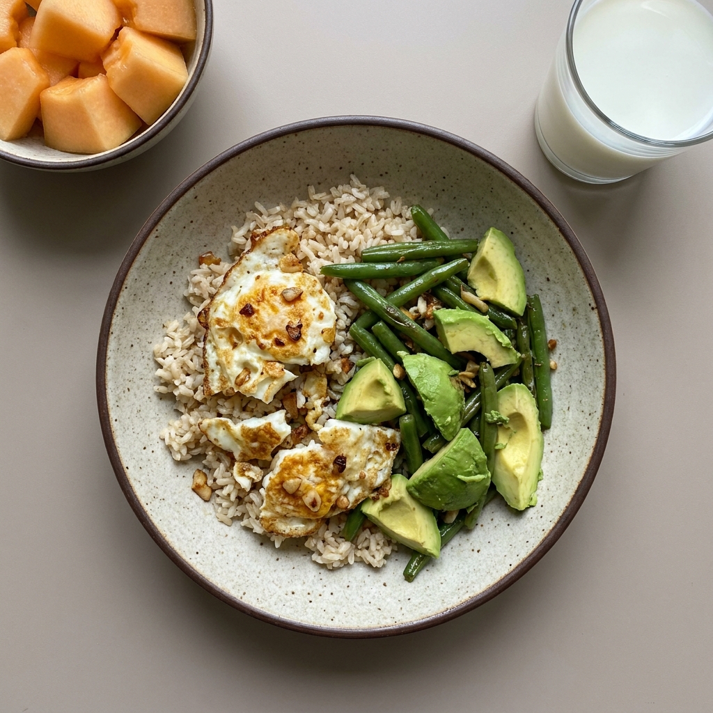 Bowl de arroz integral con clara de huevo, ejote y aguacate, con bowl de melón y vaso de leche semidescremada