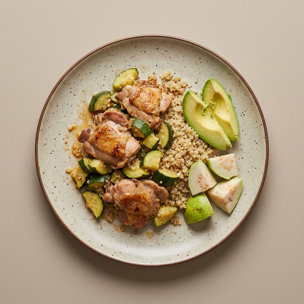 Pollo en salsa de calabaza y aguacate, quinoa y de postre guayaba