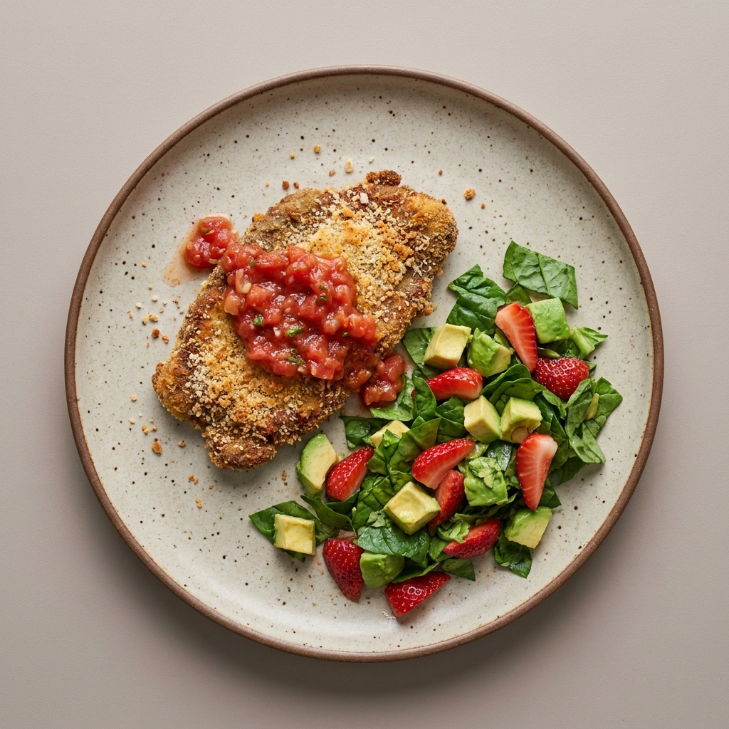 Milanesa napolitana de res al horno con salsa y ensalada fresca