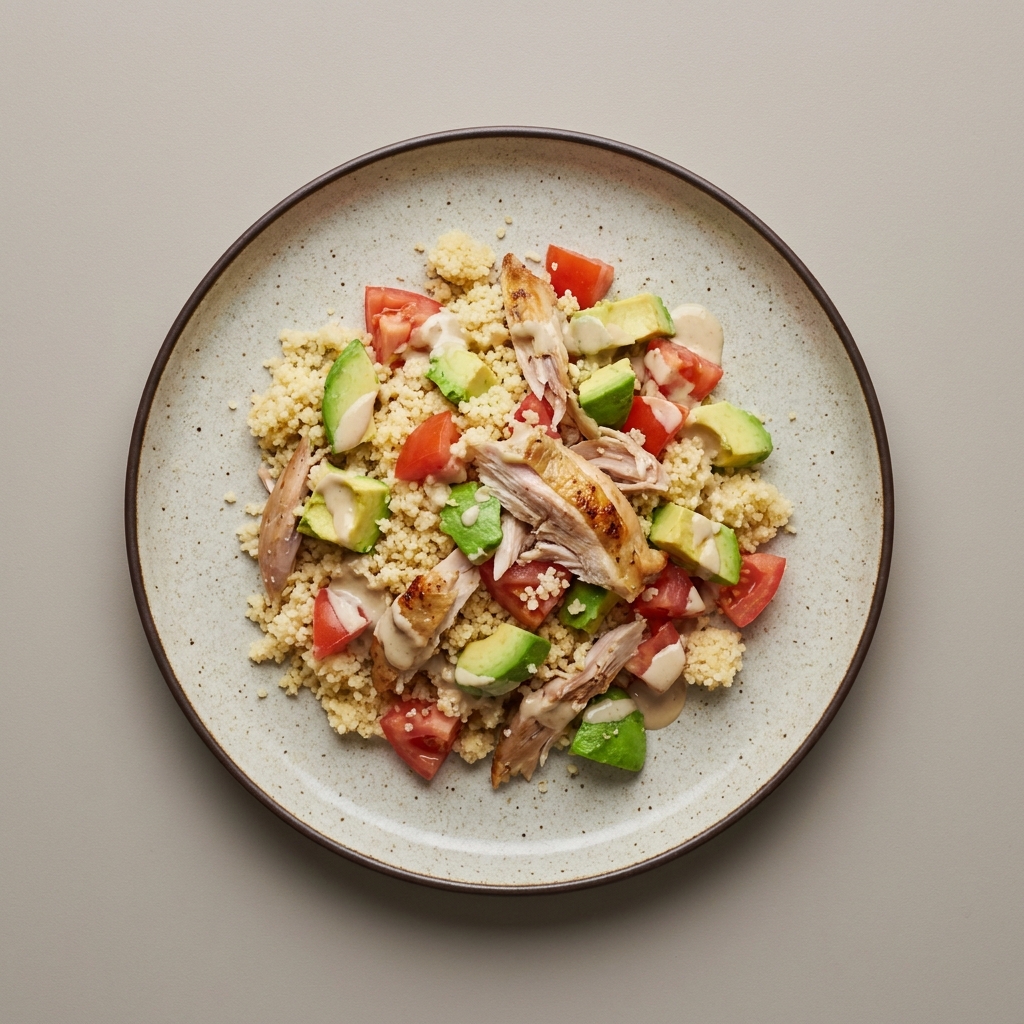 Bowl de couscous con pollo, tahini y aguacate, jitomate