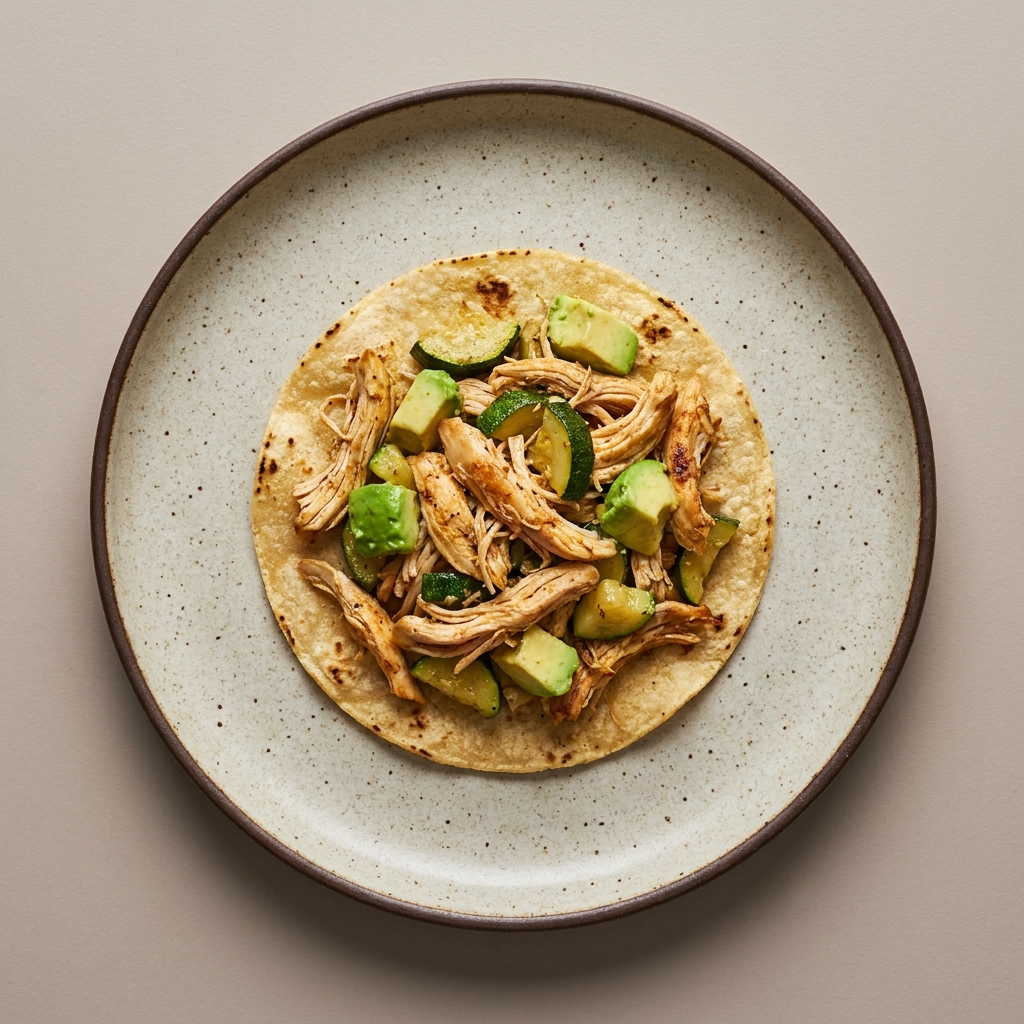 Pechuga de pollo deshebrada a la mexicana con calabacita y aguacate, con tortilla de maíz + agua de papaya