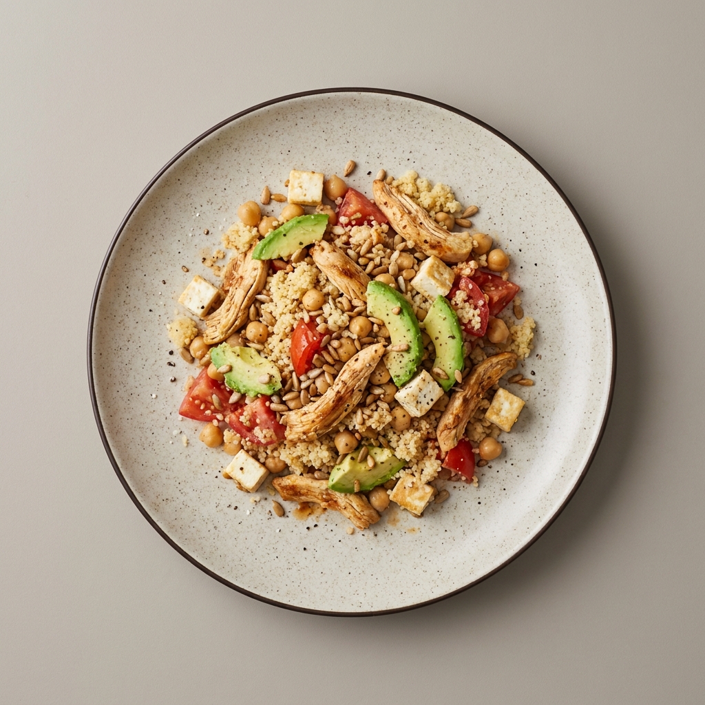 Ensalada de couscous con garbanzo, pollo, panela, jitomate, y aguacate