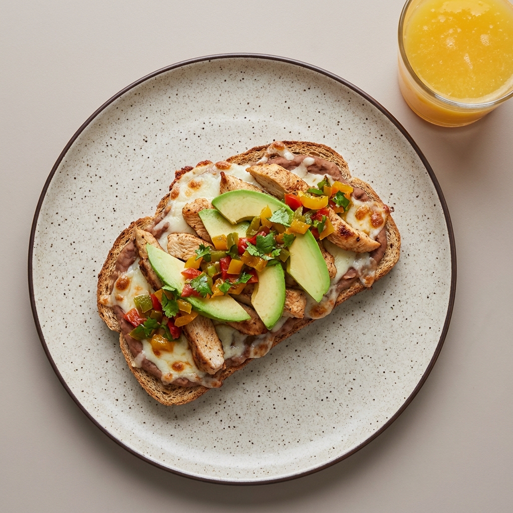 Molletes gratinados con pechuga de pollo, salsa de pimiento y aguacate acompañado de agua de naranja