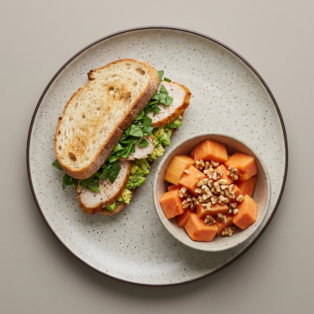 Sandwich de pechuga de pavo horneada, con bowl de papaya con nueces