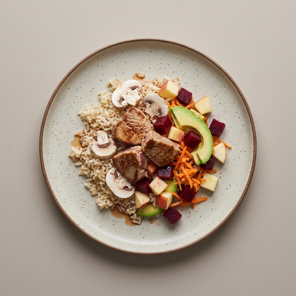 Bowl de arroz con atún, champiñón, betabel y aguacate