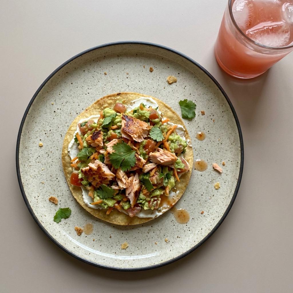 Tostada de salmón con aguacate y agua de sandia