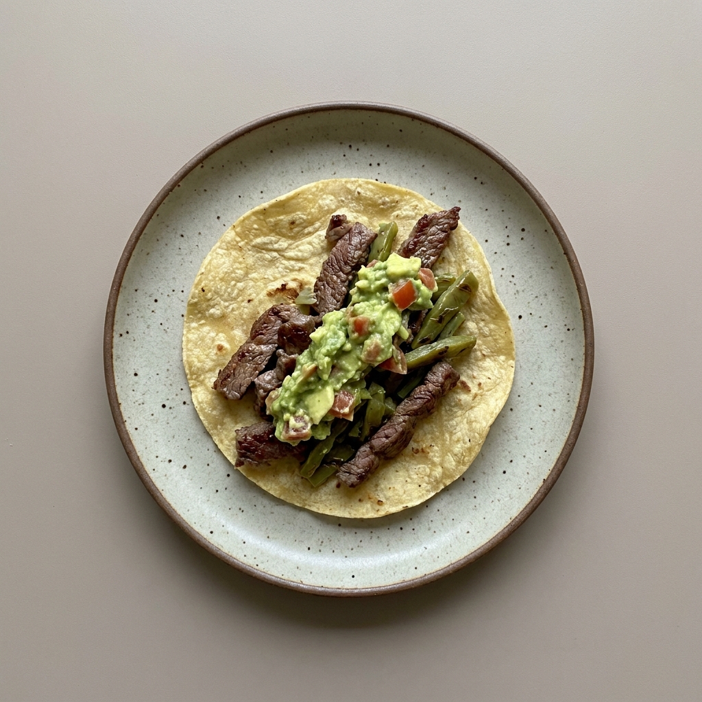 Burrito de arrachera de res con nopales y guacamole con tortilla de maíz