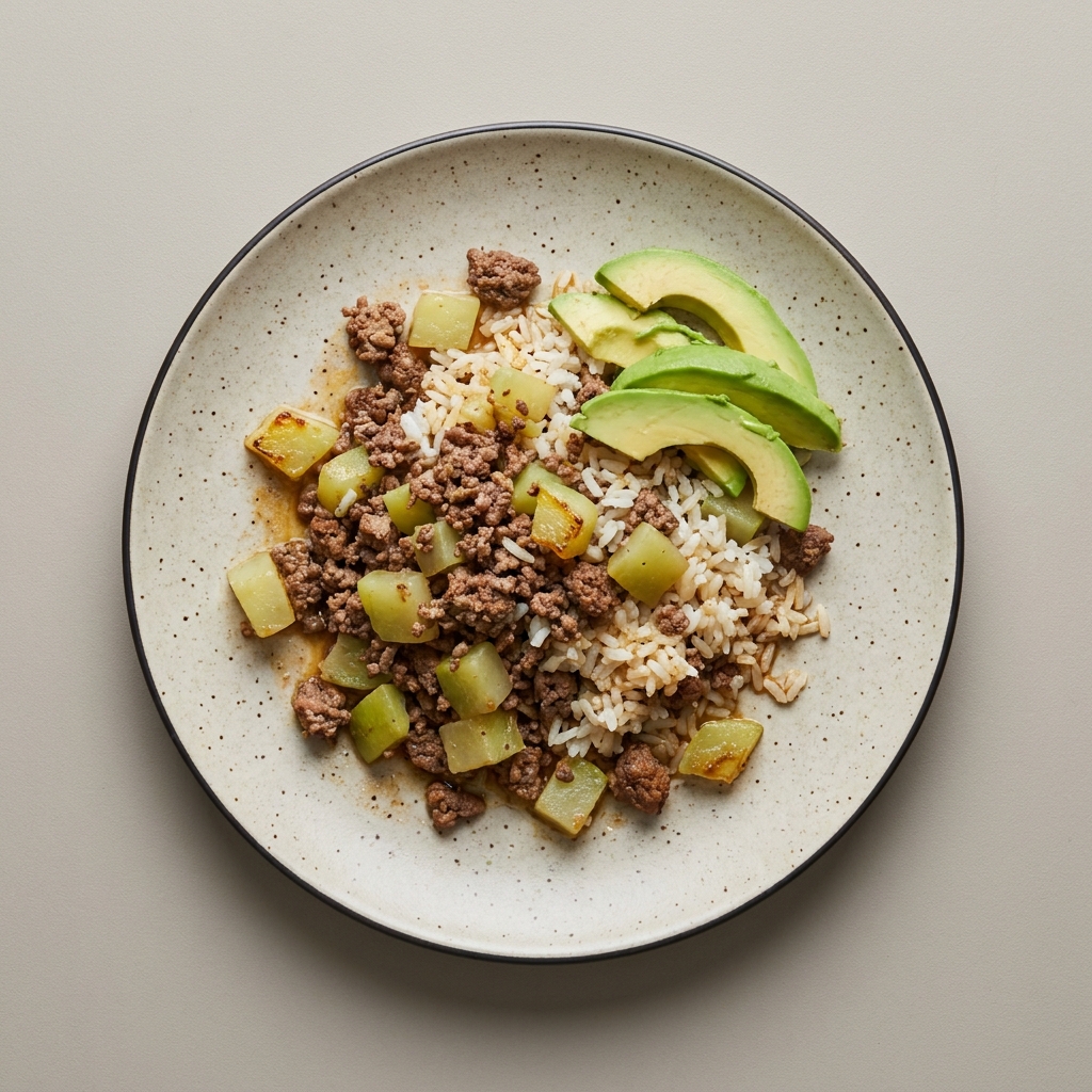 Picadillo de res con chayote y arroz