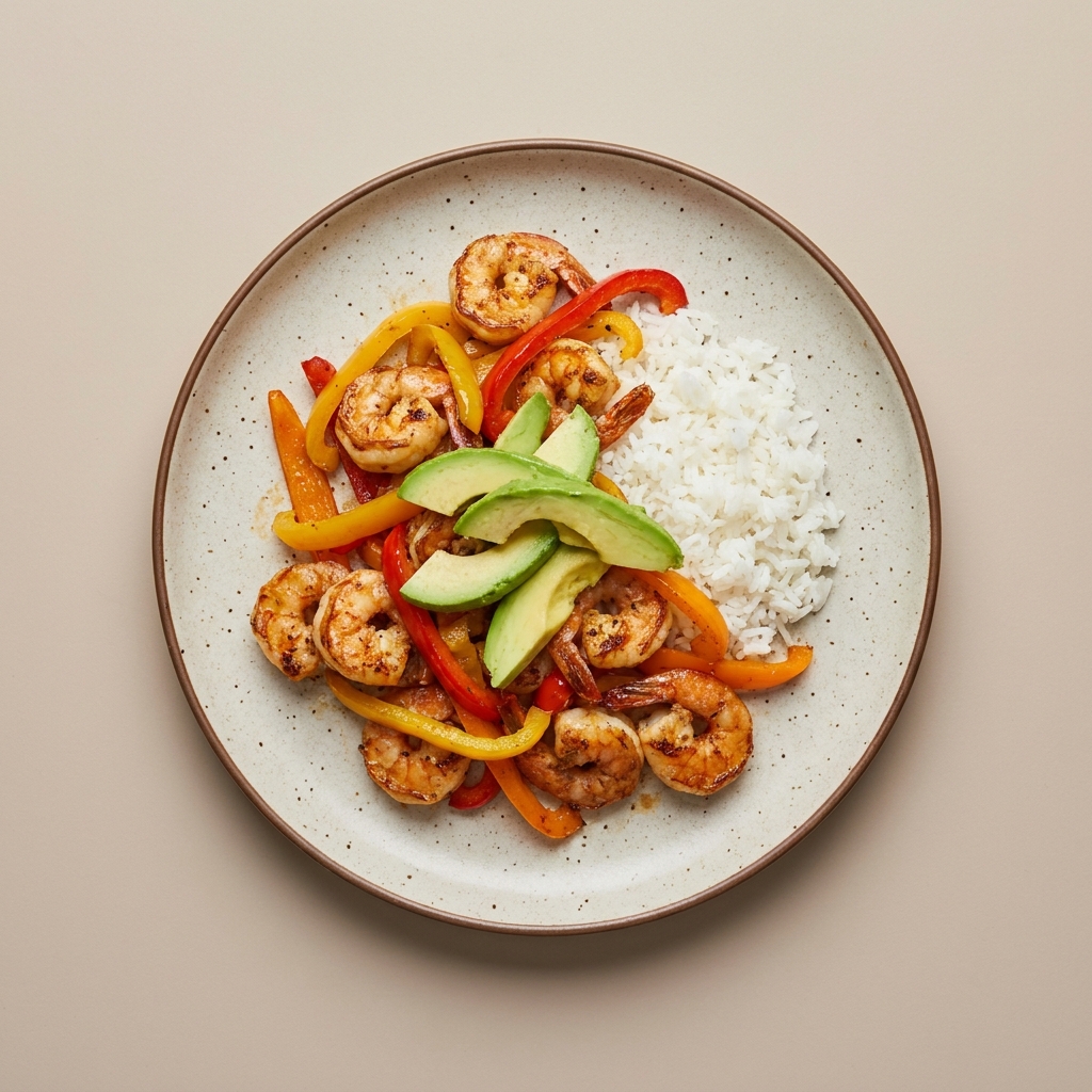 Camarones salteados con pimiento de color y aguacate, arroz blanco