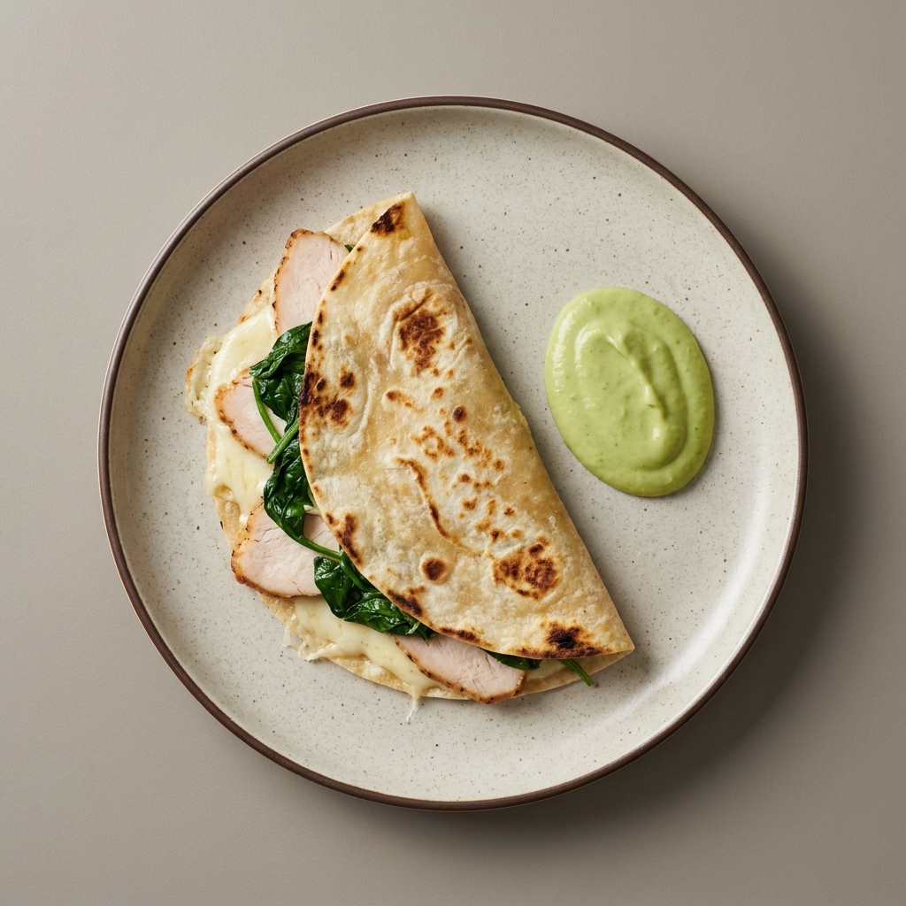Quesadilla con pechuga de pavo, espinaca y aguacate con vaso de leche
