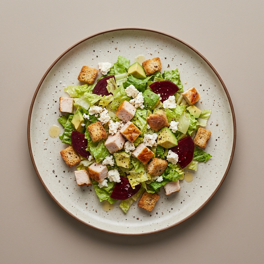 Ensalada de queso panela y pechuga de pavo horneada con lechuga y aguacate