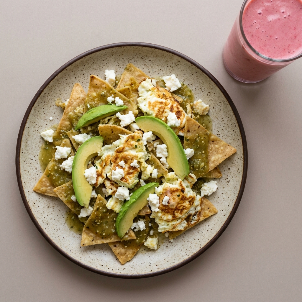 Chilaquiles con clara de huevo y queso panela + licuado de frambuesa