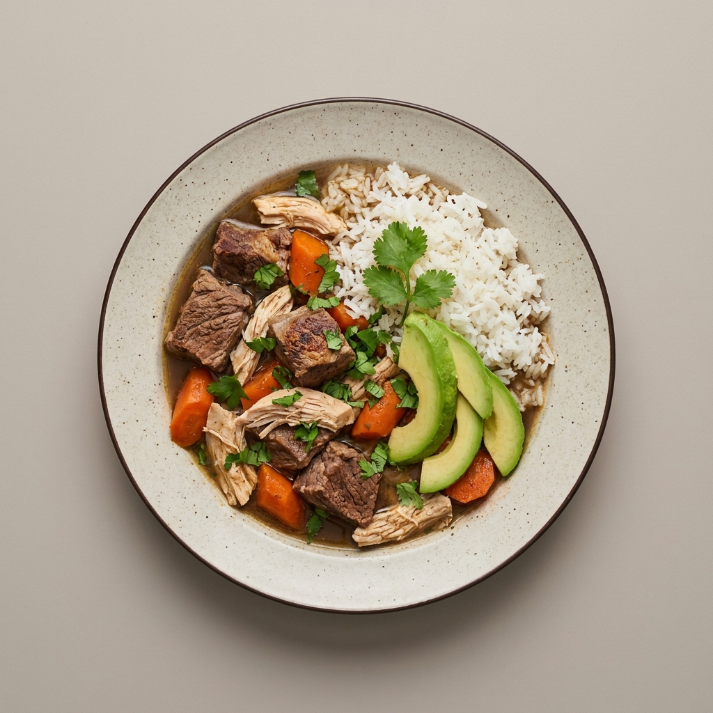 Caldo de res  con zanahoria, arroz y aguacate