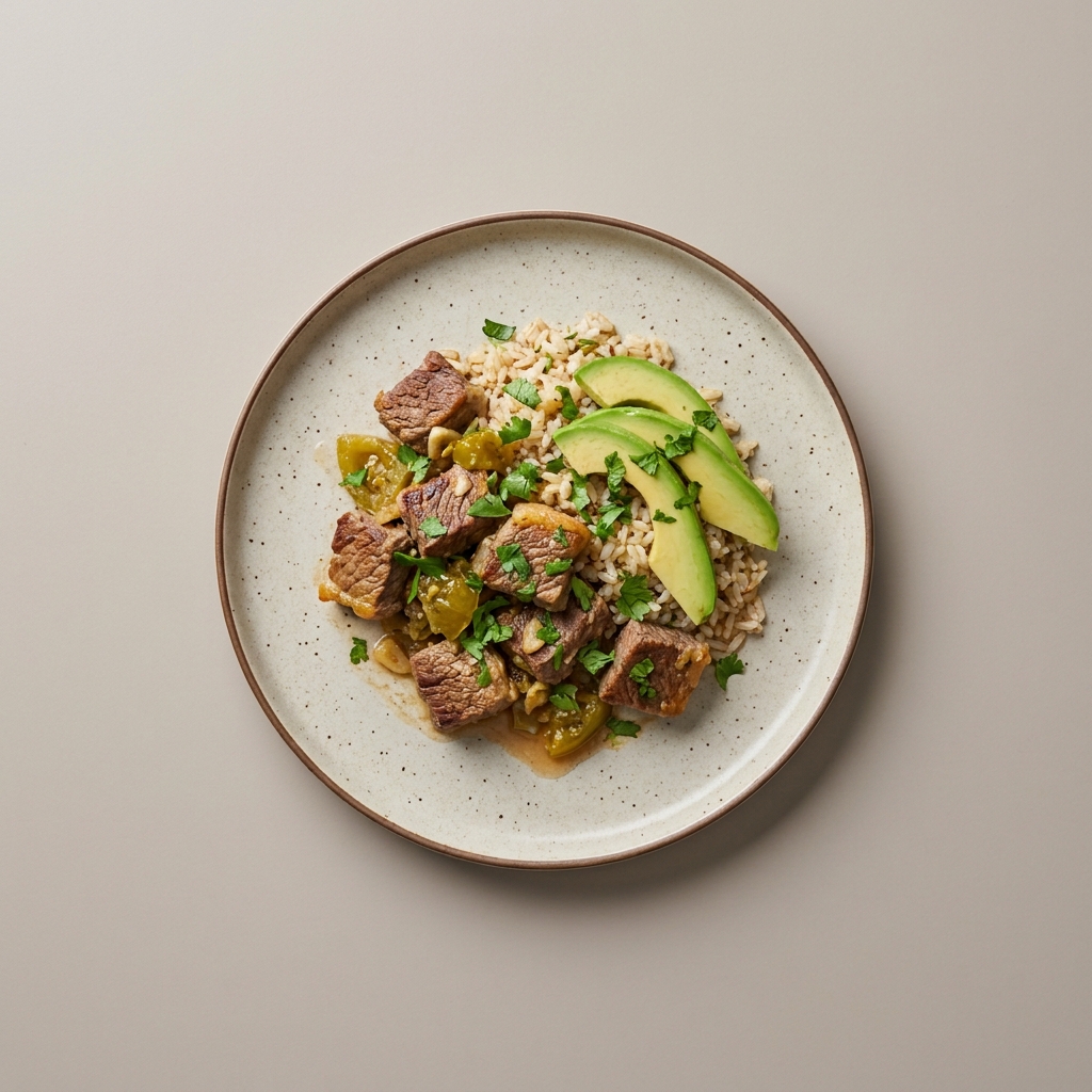carne de res en su jugo con arroz y aguacate