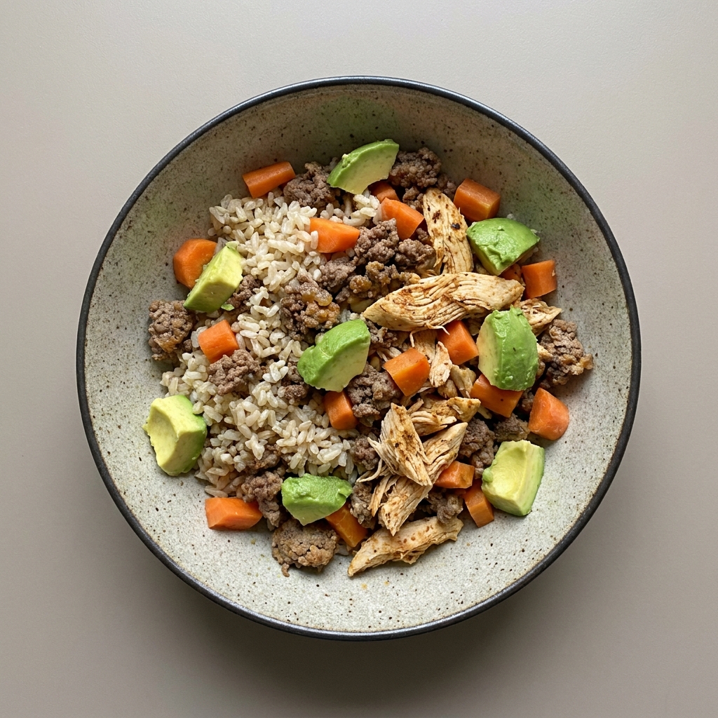 Bowl de arroz integral con res y pechuga de pollo, zanahoria y aguacate