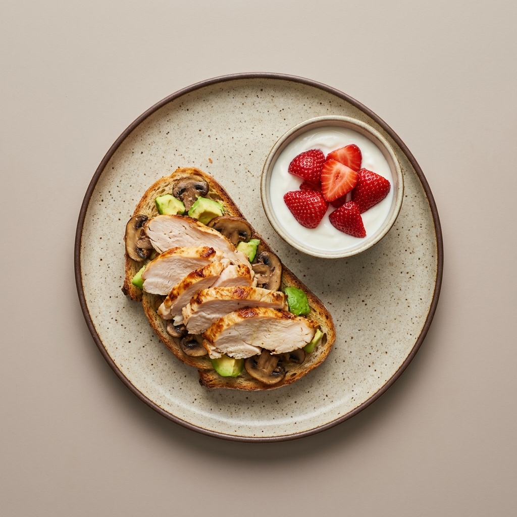 Sandwich de pechuga de pavo horneada con champiñón asados y aguacate con bowl de yogurt con fresas