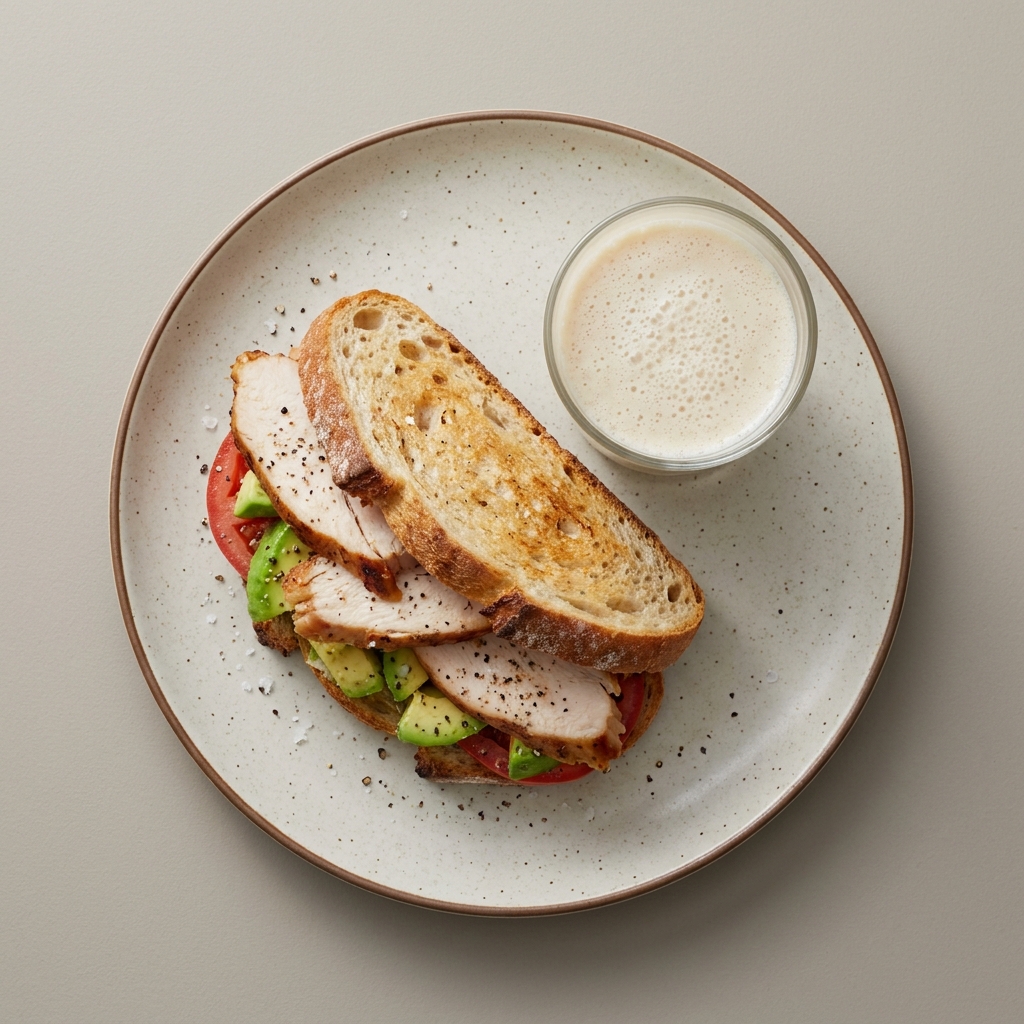 Sandwich de pechuga de pavo con jitomate y aguacate con licuado de plátano