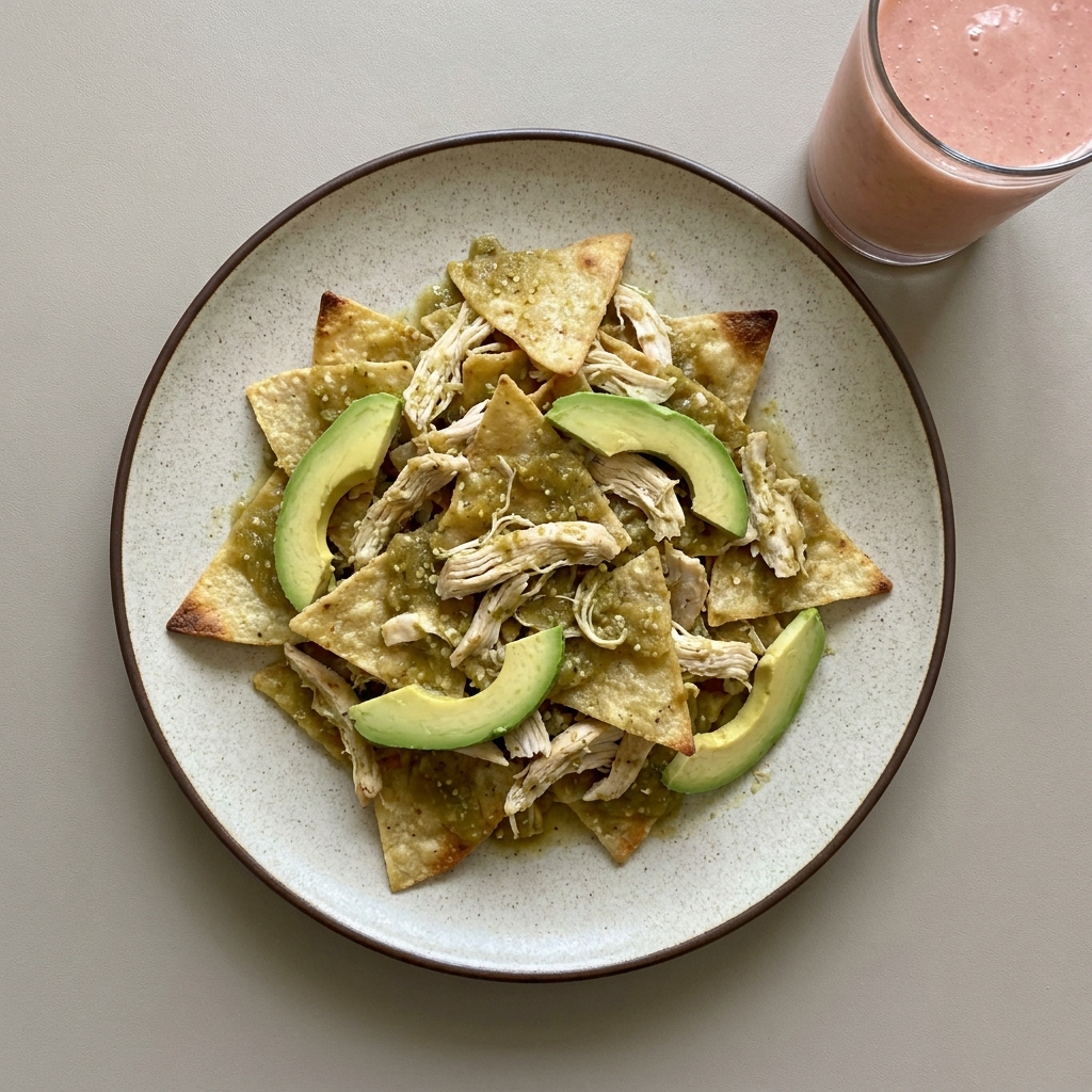 Chilaquiles verdes con pechuga de pollo y aguacate, con licuado de guayaba